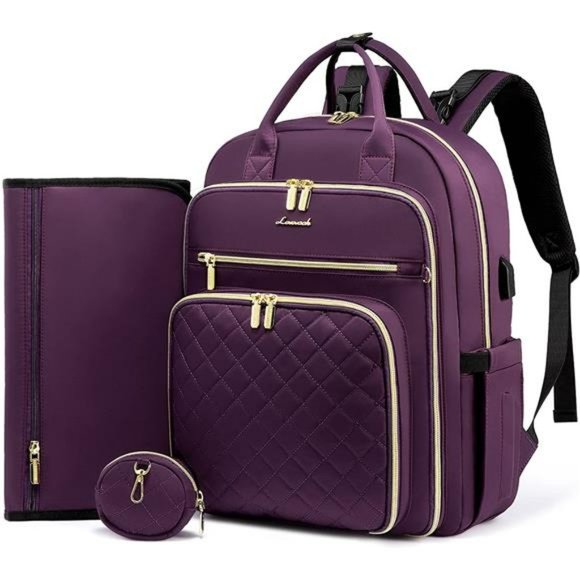 Diaper Bag Backpack, Quilted Baby Bag with Changing Pad, Purple - Picture 1 of 6